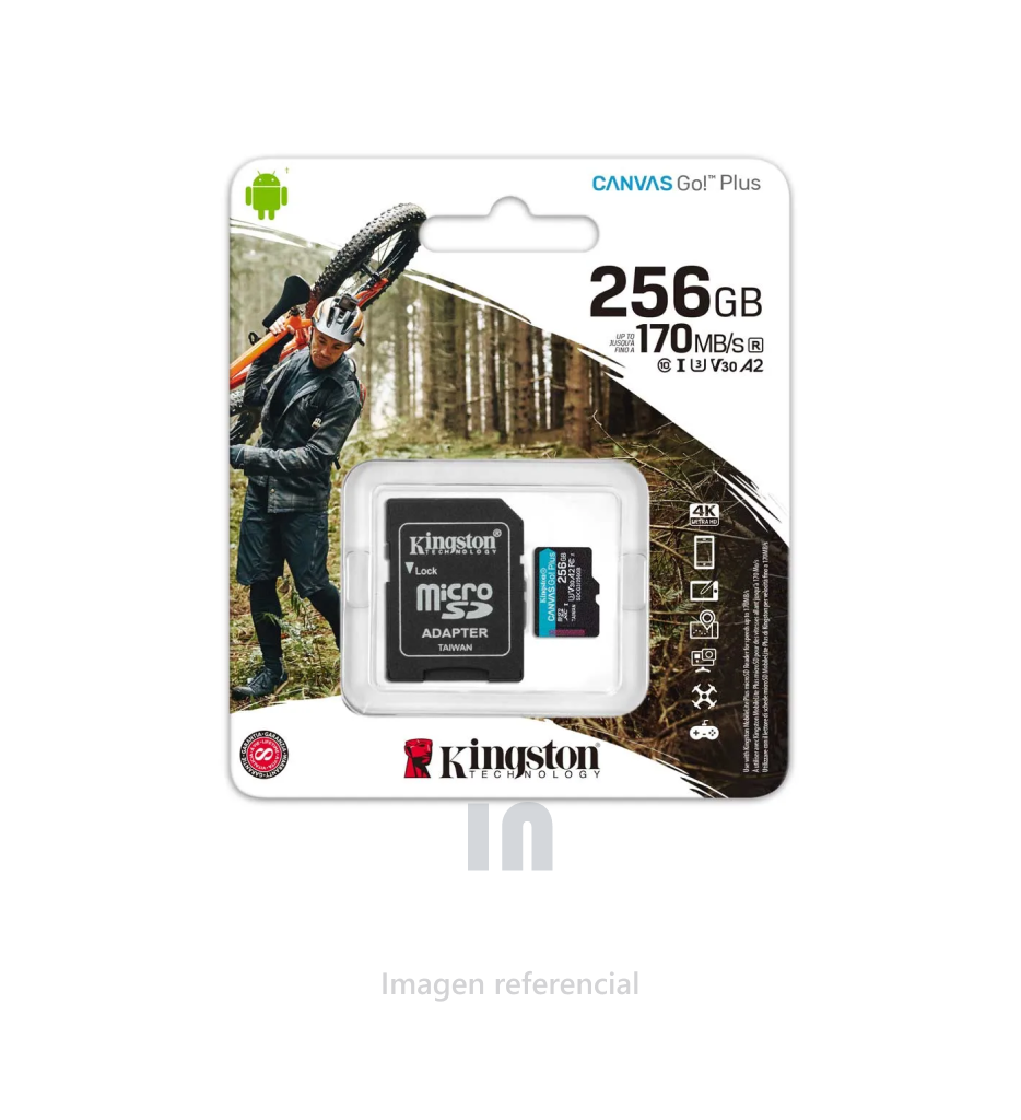 Memoria Flash microSDXC Kingston Canvas Go Plus, 256GB con adaptador SD, class 10.