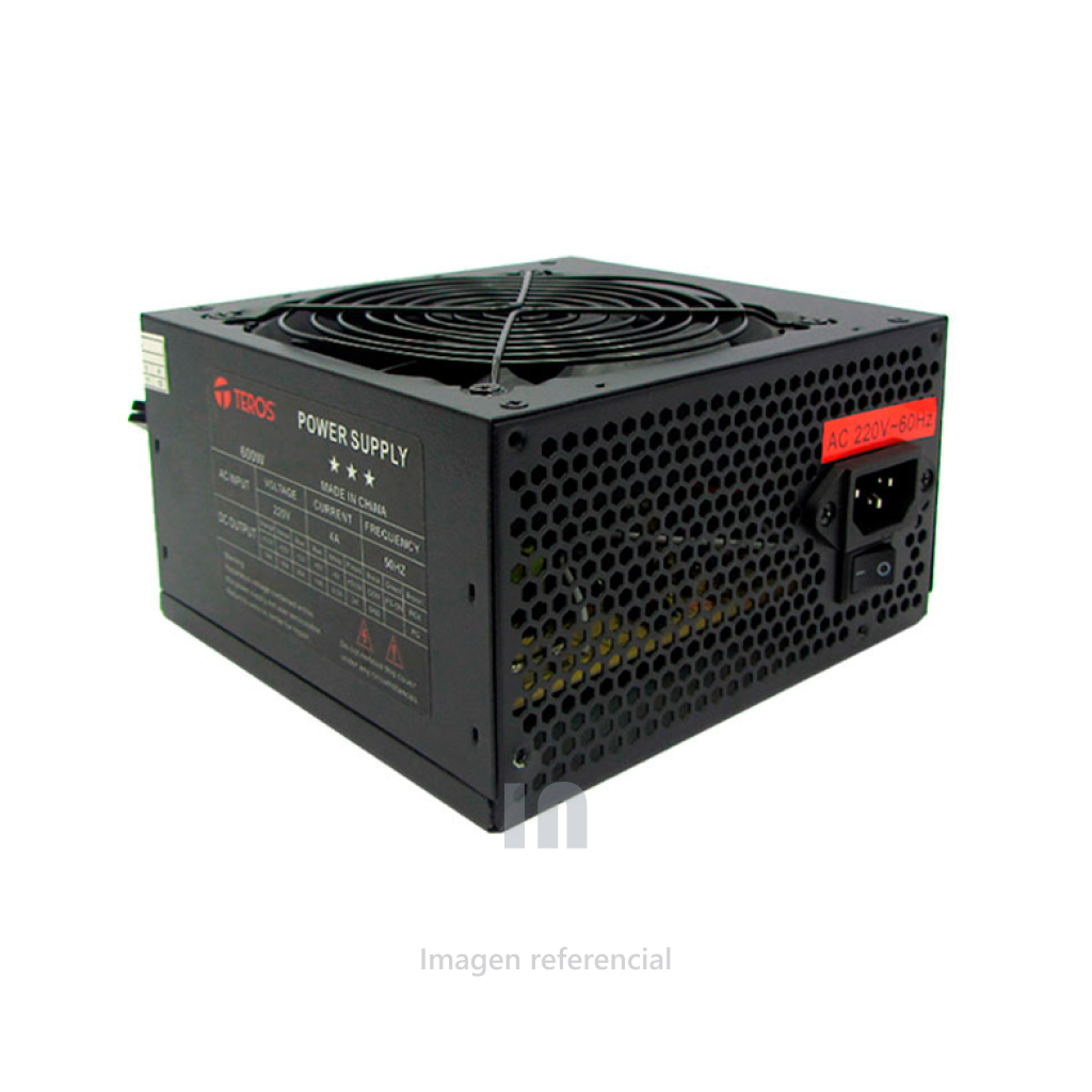 FUENTE DE ALIMENTACIÓN TEROS, 600W, ATX, 220V, 1 CONECTOR ATX 24/20 PINES, 1 CONECTOR EPS 2X2, 2 CONECTORES SATA, 2 CONECTORES PERIFÉRICOS, VENTILADOR INTERNO.