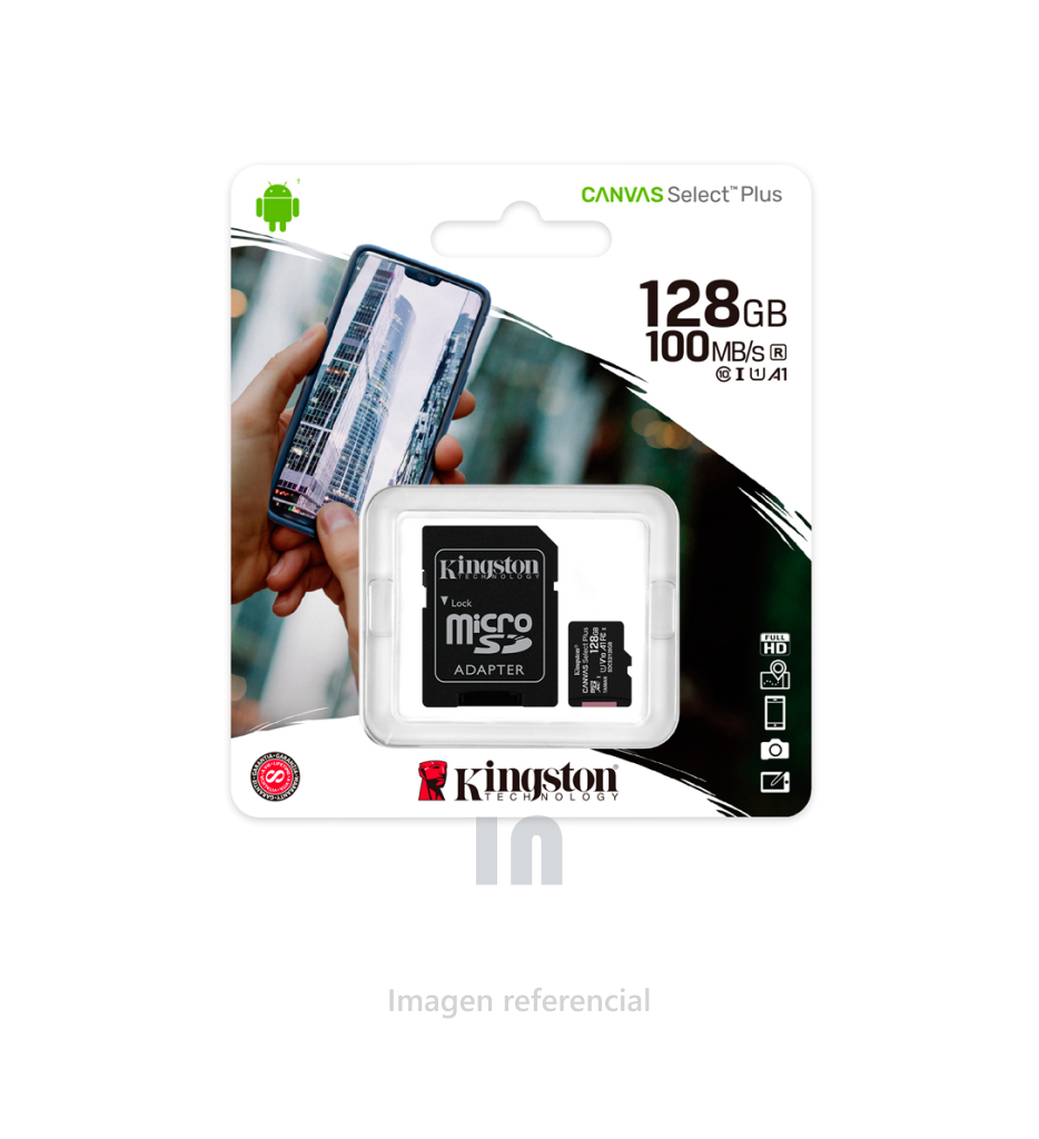 TARJETA MICRO SD KINGSTON CANVAS SELECT PLUS, SDCS2/ 128GB CLASS 10 CON ADAPTADOR SD.