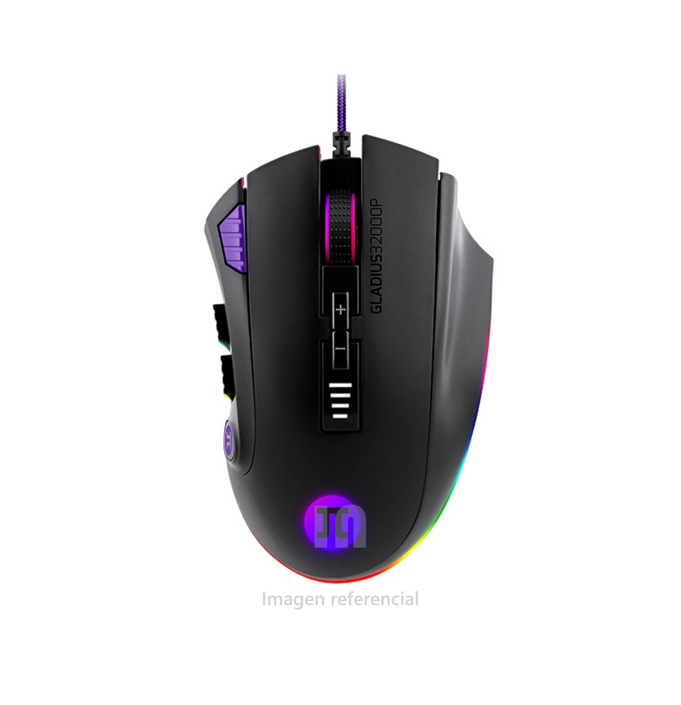 MOUSE PRIMUS GLADIUS32000P, CON LUCES RGB, VIDA UTIL DE 50 MILLONES DE PULSACIONES, CON 6 NIVELES DE VELOCIDAD, 3 PESAS PARA DEFINIR EL CENTRO DE GRAVEDAD, CABLE TRENZADO MORADO Y NEGRO.