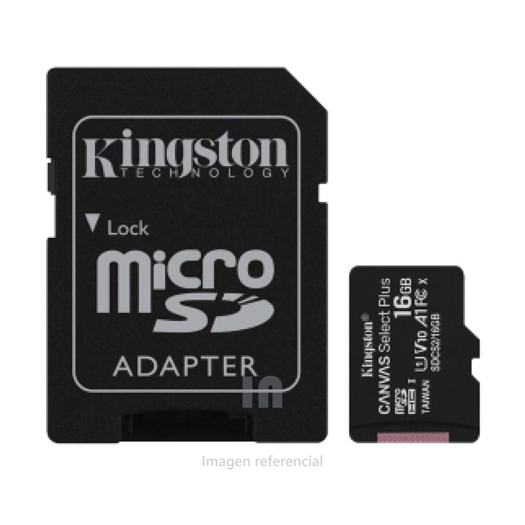 MEMORIA MICRO-SDHC KINGSTON CANVAS SELECT, 16GB, UHS-I SPEED CLASS10 (U1)100MB/S, CON ADAPTADOR SD.