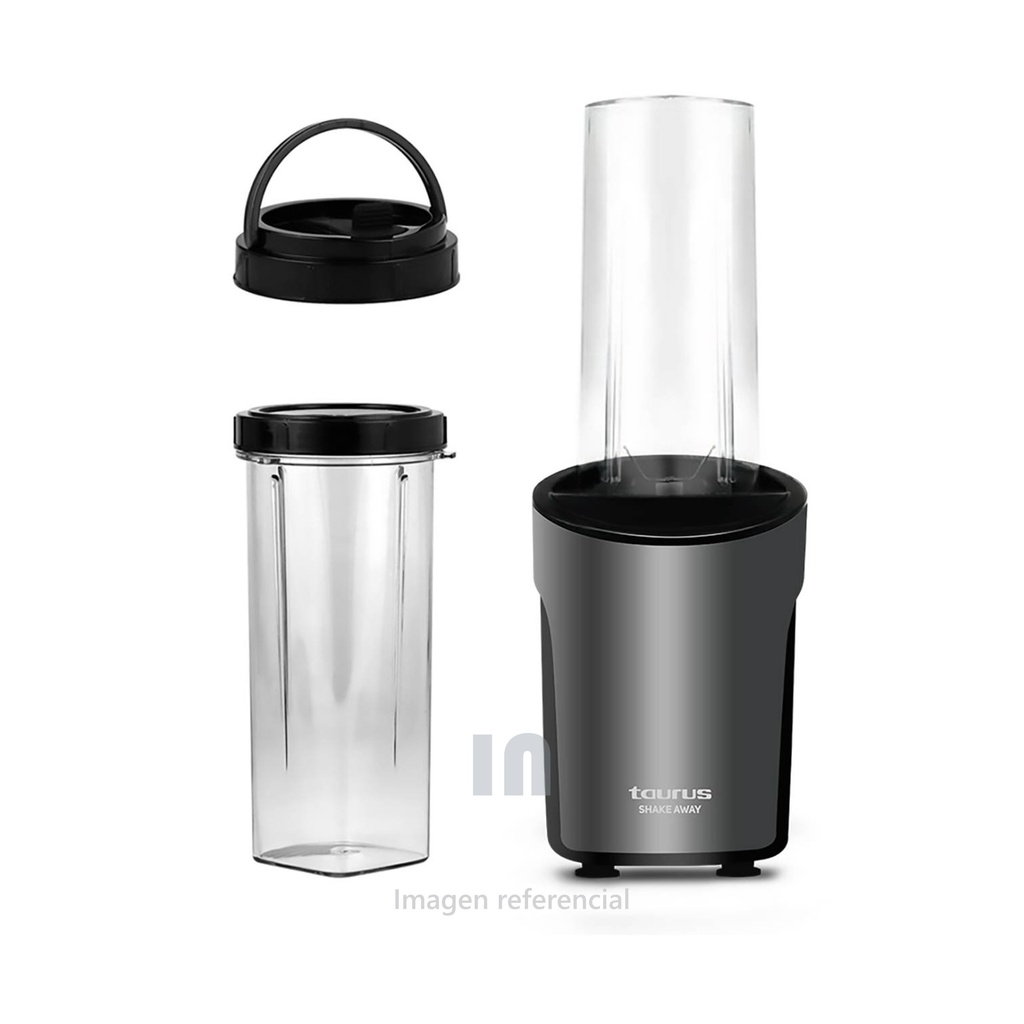 Mini Licuadora TAURUS 0.6L SHAKE AWAY, potencia 450w, cuchilla de acero inoxidable, vaso y base de plástico, gris y granate.