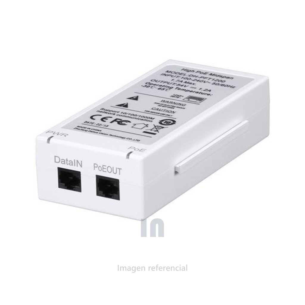 Poe Dahua pft1200 hi-poe Midspan 60w, 1rj45 poe puerto, 1rj45 puerto max 300m, output de 54v 1.2A, blanco.