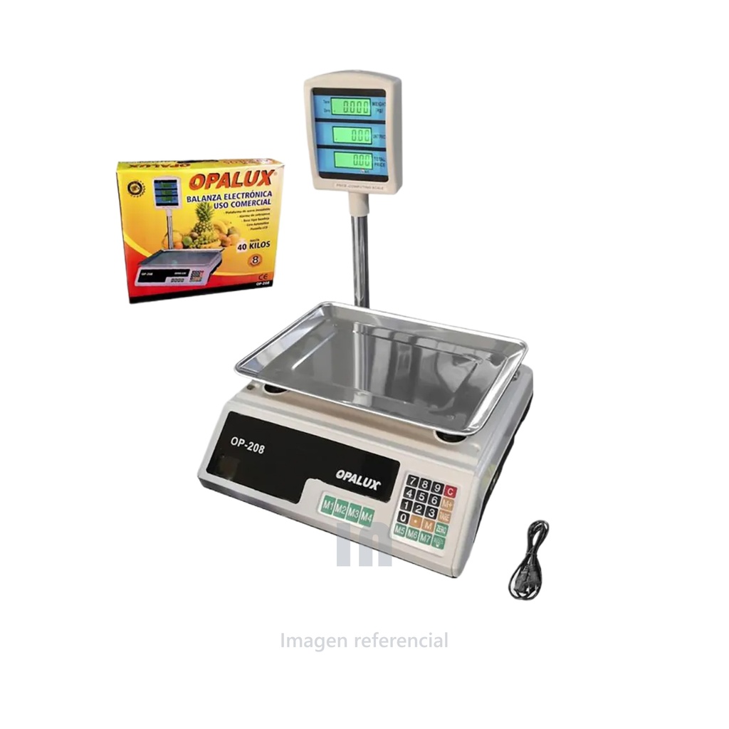 Balanza electrónica digital de mesa 40Kgs Opalux LCD recargable con brazo y batería 4v4Ah 220v para trabajo hasta 30 hrs, Medición de peso desde 200 grs hasta 40Kgs, graduación 2 gramos, bandeja de acero inoxidable.