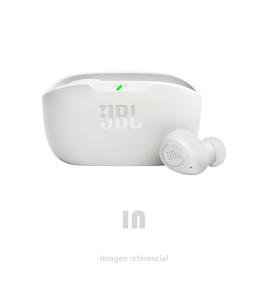 Audífonos bluetooth True Wireless JBL Wave Buds resistente al agua IP54, duración máx. 8 horas, control de música y llamadas, blanco.