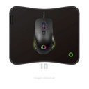 Mouse y pad gamer MG7, con FAST KEY e interruptor DPI, también con luces LED de arco iris de colores en la base.