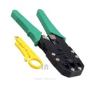 Alicate crimping tool profesional (F-126(V)) para rj45, rj11 y rj9 verde y pelador de cable accesorio amarillo adjunto.